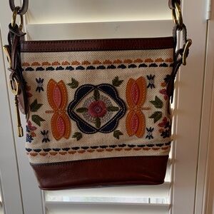 Fossil Embroidered Brown and Cream Shoulder Bag